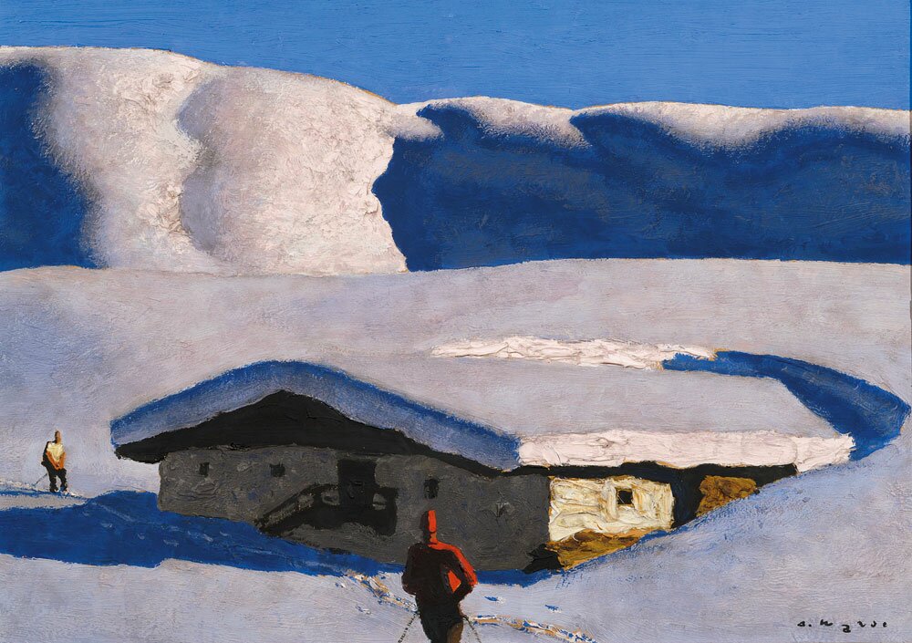 WALDE, Alfons 1891-1958<br>
Einsame Alm mit rotem Skifahrer, 1928